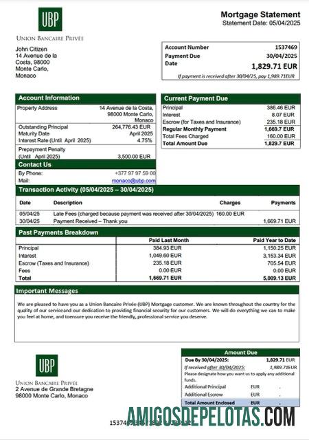 em branco Monaco Union Bancaire Privée (UBP) Declaração de hipoteca Word e modelo PDF